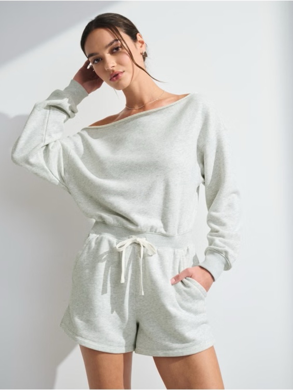 Abercrombie & Fitch Light Heather Gray Off-Shoulder Romper
